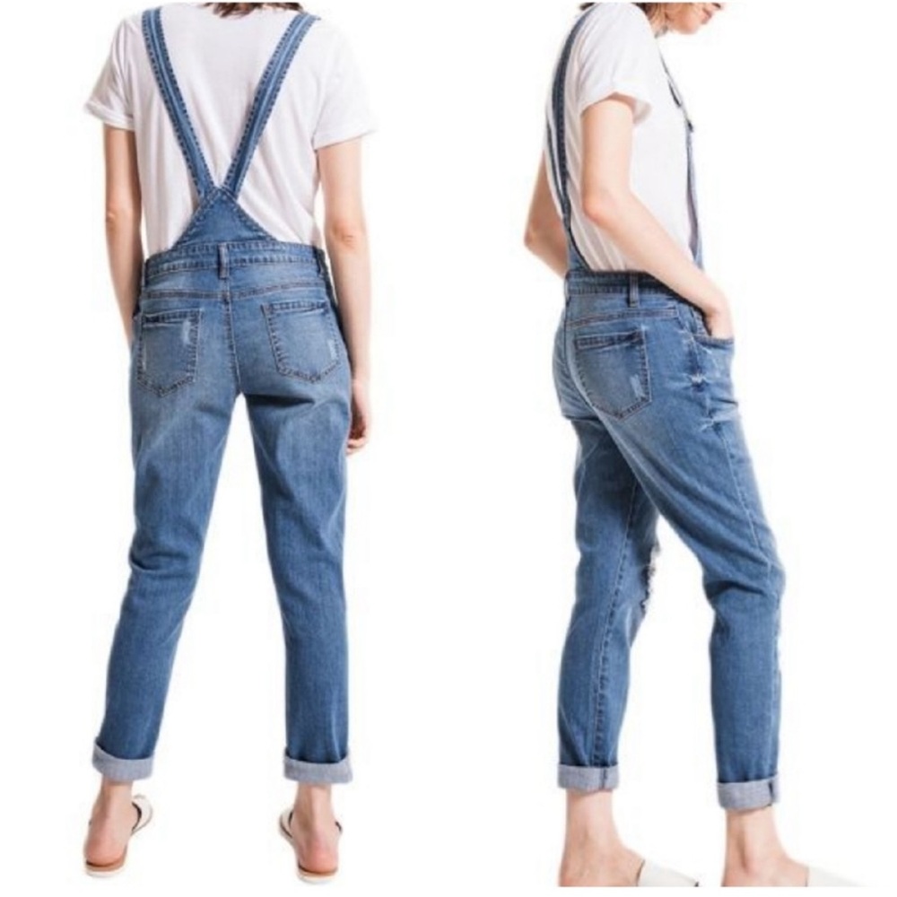 Others Follow Melanie Distressed Overalls in Classic Blue Ladies M stretch